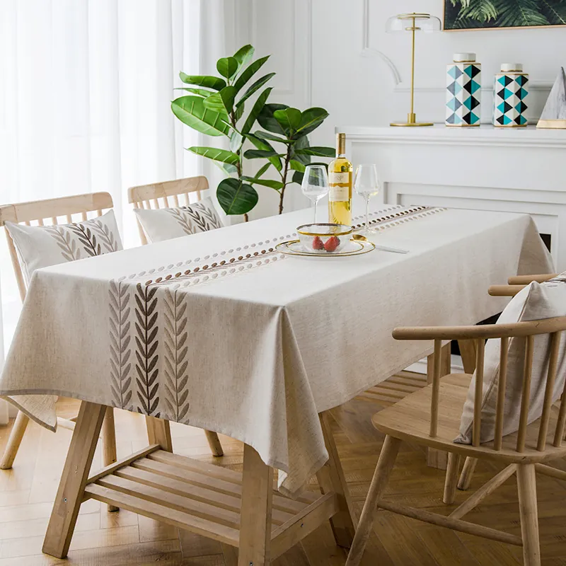Tovaglia Rettangolare in Poliestere e Lino Impermeabile Motivo a Foglia Ricamata Moderna Tovaglia per Cucina Casa