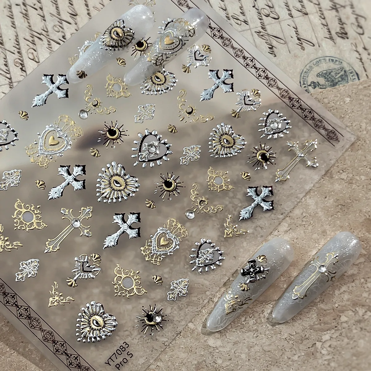 Gothic Baroque 3D Relief Nail Art Stickers Metallic Gold Silver Cross Sacred Heart Eye Patterns Retro Manicure Decoration