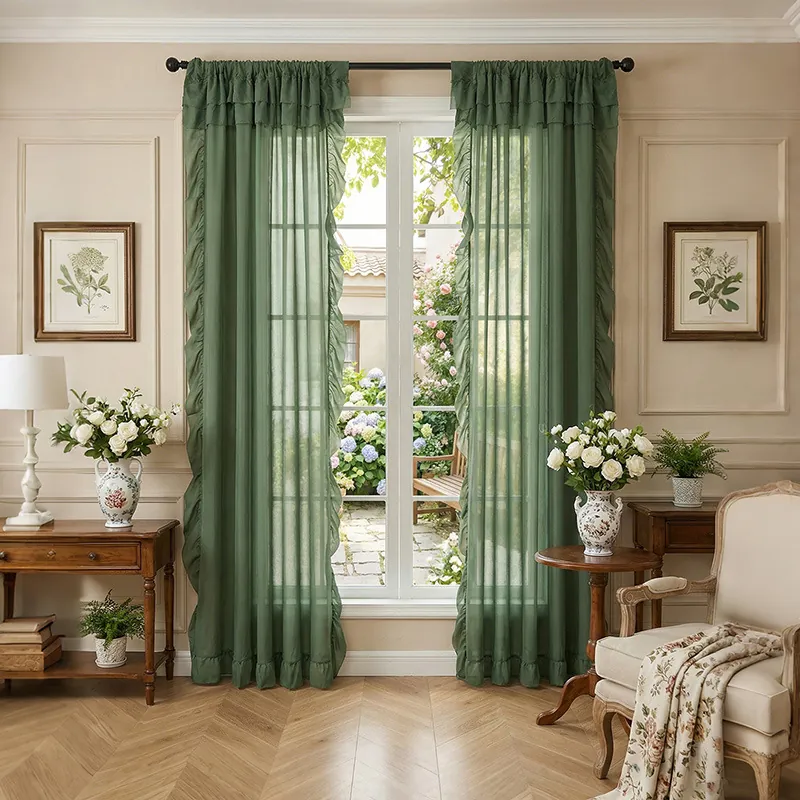 Solid Color Ruffle Sheer Curtains For Living Room Bedroom Polyester Translucent Voile Window Treatment Panels Elegant Home Decor