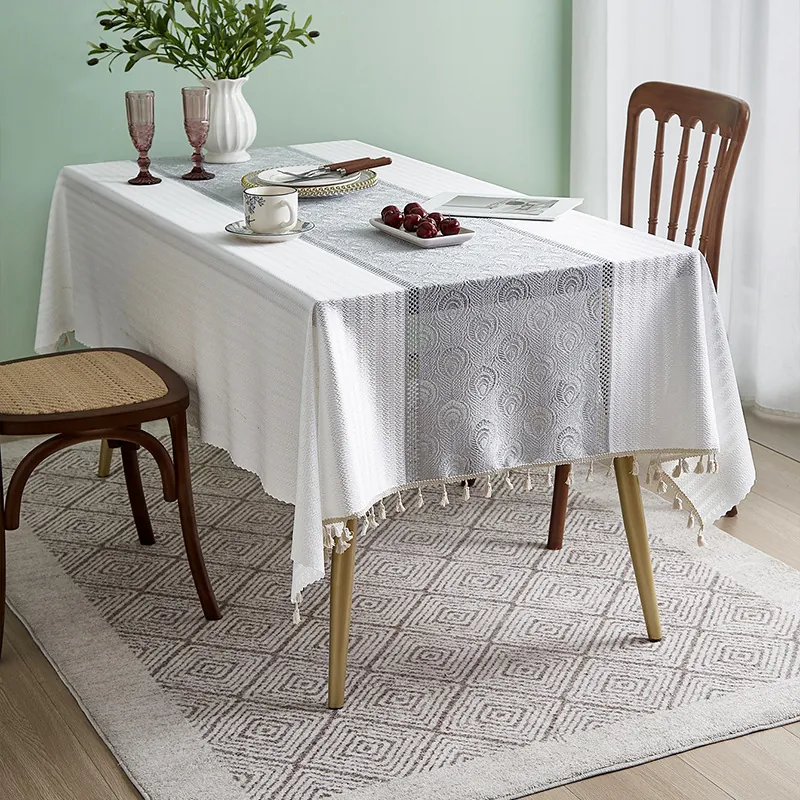 French Style Patchwork Tablecloth With Tassels Rectangular Polyester Waffle Texture Dining Table Cloth For Kitchen Home Decor