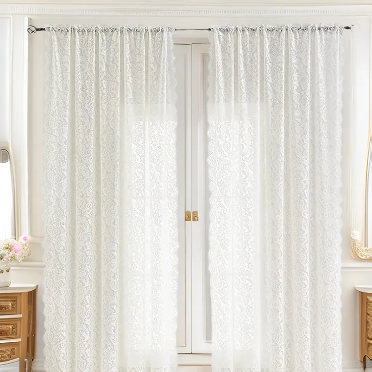 Tenda per Finestra in Pizzo Vintage Francese Semi-Oscurante Bianco Nero Floreale Filato Fenice Bordo Festonato per Camera da Letto