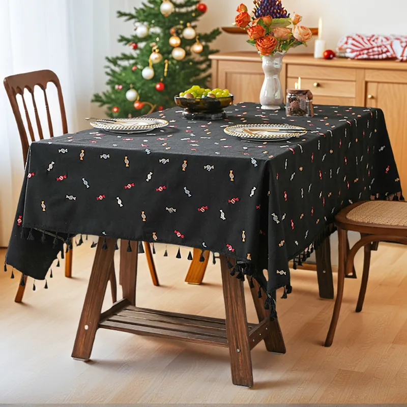 Rectangular Embroidery Tablecloth With Tassels Candy Christmas Tree Pattern Polyester Fabric For Dining Table Home Decor