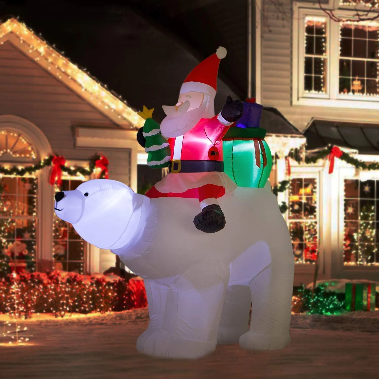 Inflatable Christmas Santa Claus Riding Polar Bear With LED Lights Polyester Outdoor Yard Garden Decoration Holiday Prop