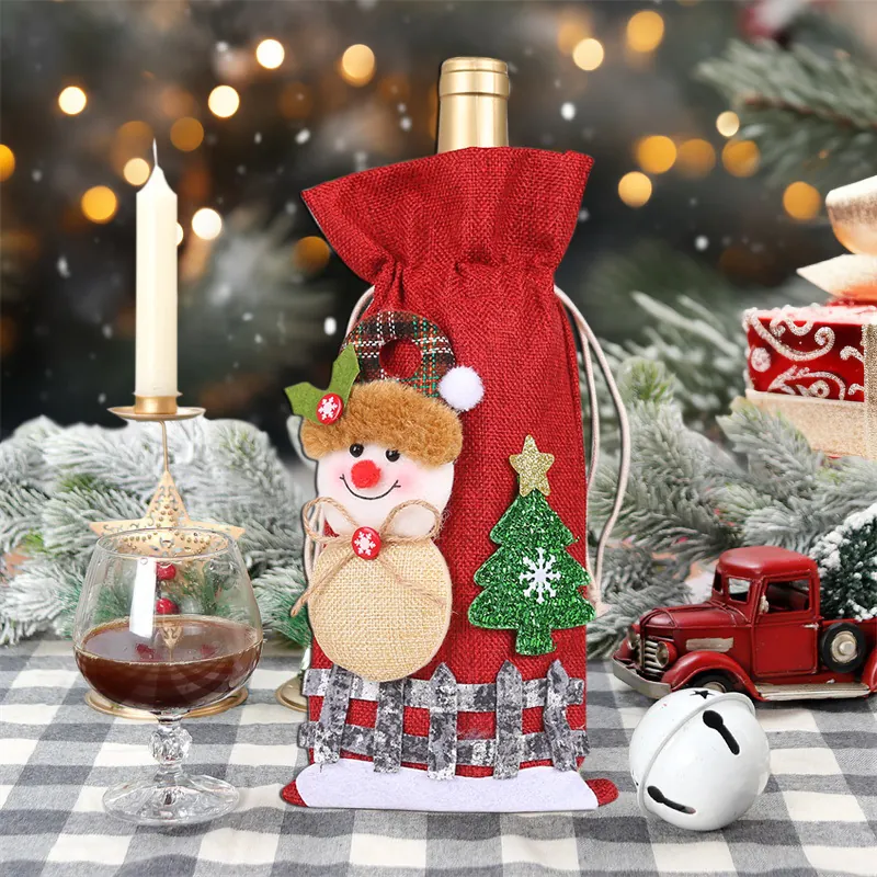 Copribottiglia di Vino in Iuta di Natale Bambola di Cartone Animato Babbo Natale Pupazzo di Neve Renna Borsa Regalo Coulisse Per Festa