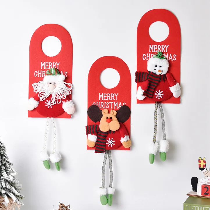 Merry Christmas Suspension de Porte en Tissu Décoration 3D Père Noël Bonhomme de Neige Renne Poupée Ornement Fenêtre Mur