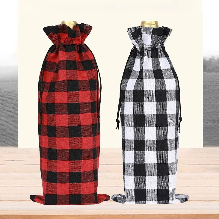 Christmas Buffalo Plaid Wine Bottle Bag Burlap Drawstring Gift Bag Red Black White Plaid Wine Cover For Party Table
