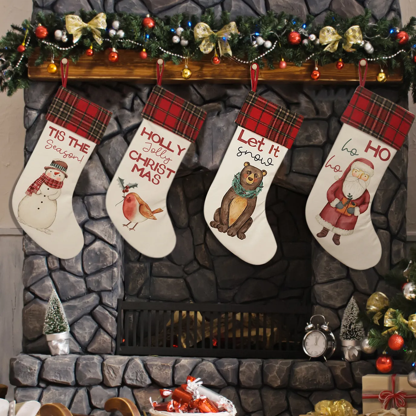 Large Plaid Cuff Christmas Stockings Fireplace Hanging Gift Bag Santa Snowman Robin Bear Patterns Holiday Party Decor