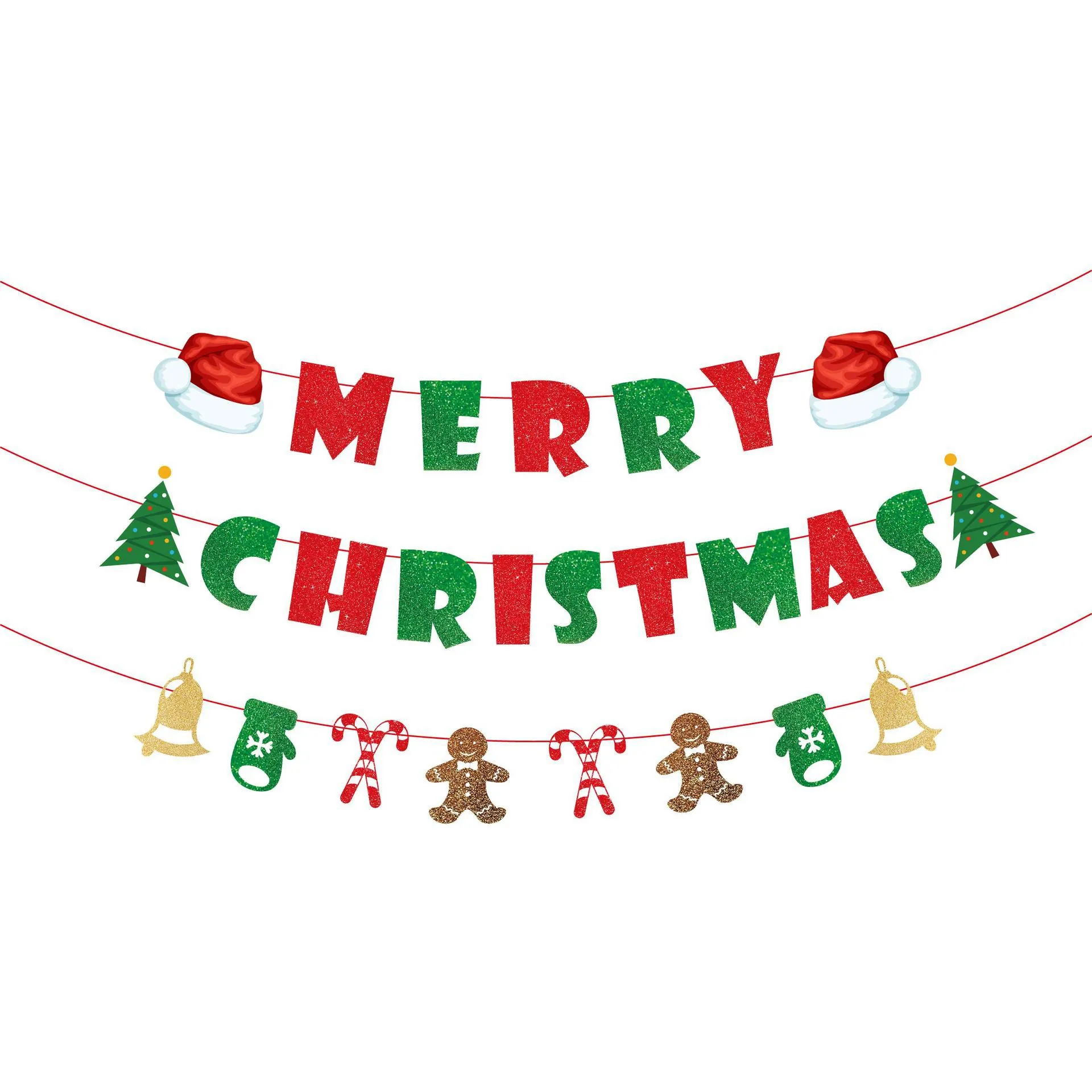 Glitter Paper Merry Christmas Banner Festive Letter Garland Decoration Gingerbread Man Santa Hat For Holiday Party Decor