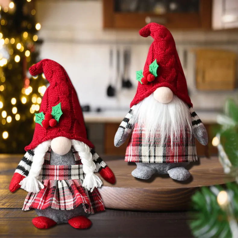 Christmas Gnome Plush Doll Faceless Tomte Dwarf Figurine Red Plaid Hat Home Table Decoration Xmas Party Ornament Gift