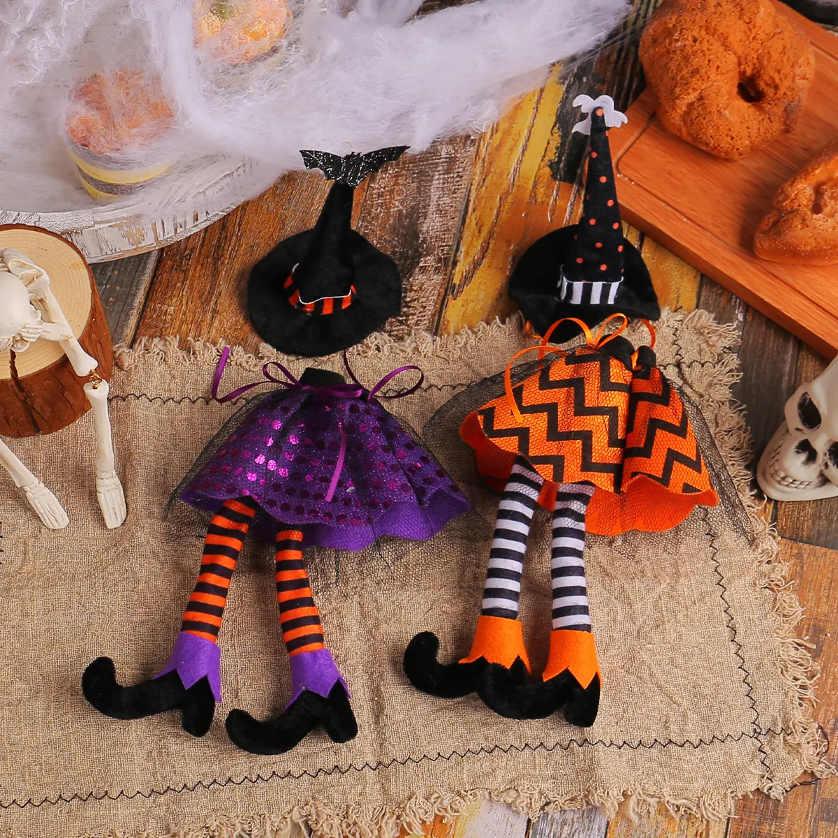 Halloween Witch Wine Bottle Covers For Party Table Decoration Witch Hat Skirt Striped Legs Wine Champagne Bottle Sleeves Decor