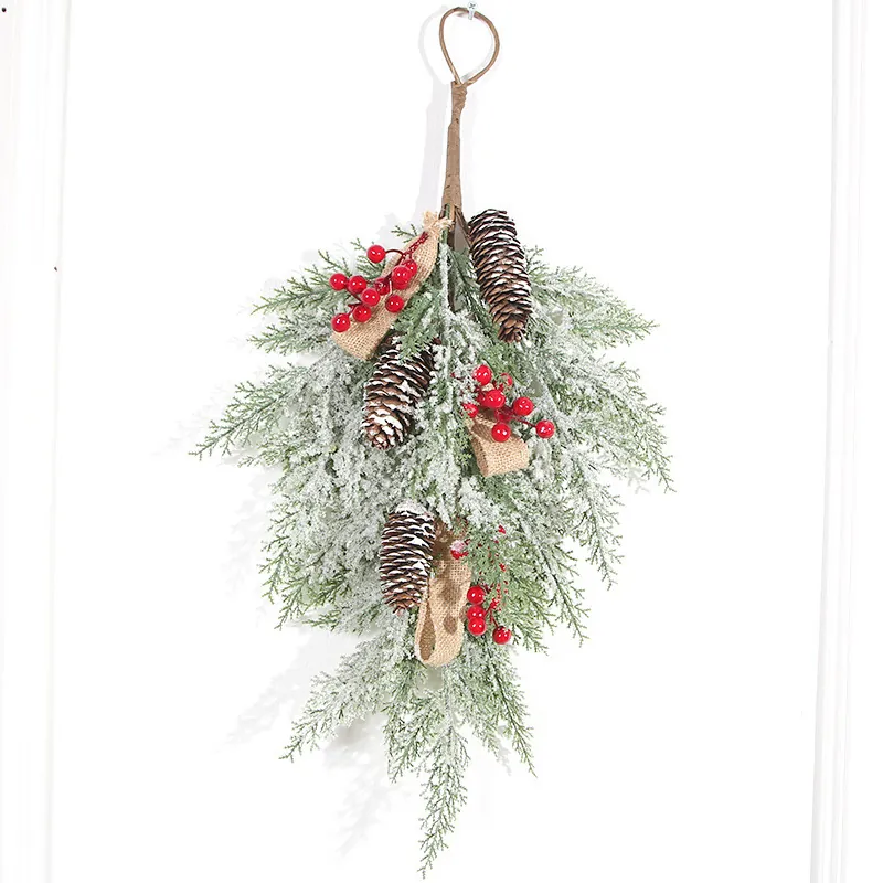 Artificial Christmas Teardrop Wreath Snowy Pinecone Red Berries Wall Hanging PE Rattan Garland Home Xmas Party Decor