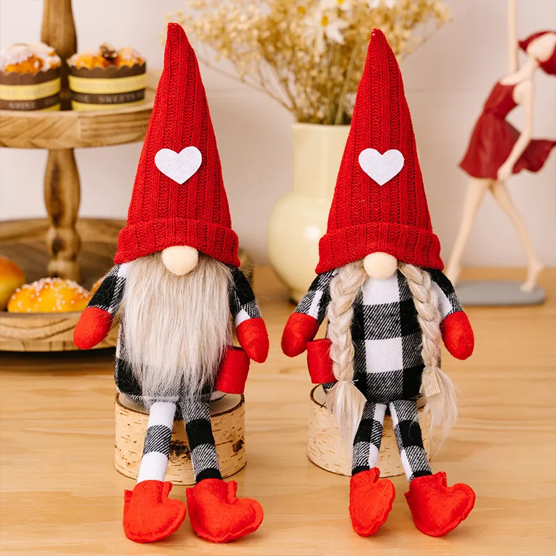 Christmas Gnome Plush Decoration Red Knitted Hat White Heart Plaid Scandinavian Tomte Dwarf Figurine Holiday Home Ornament