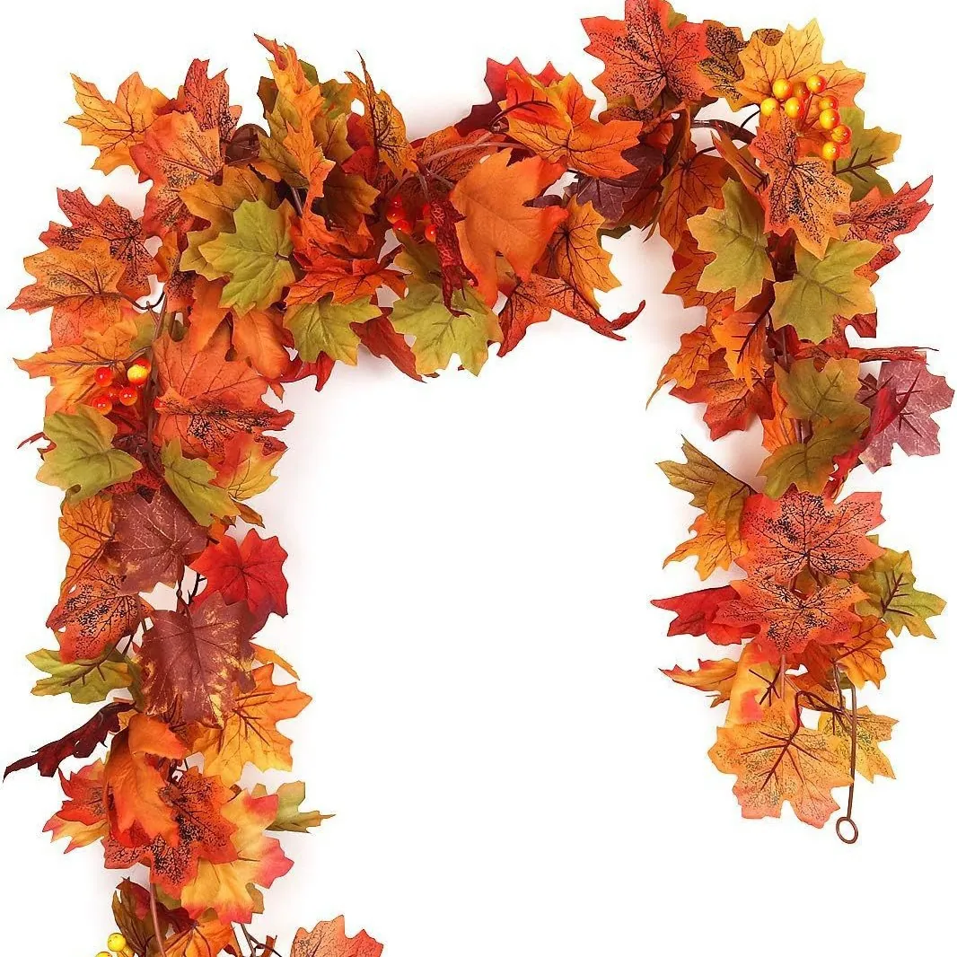 Artificial Maple Leaf Garland Fall Decor For Thanksgiving Halloween Fireplace Door Autumn Hanging Vine With Berries Orange Red Black