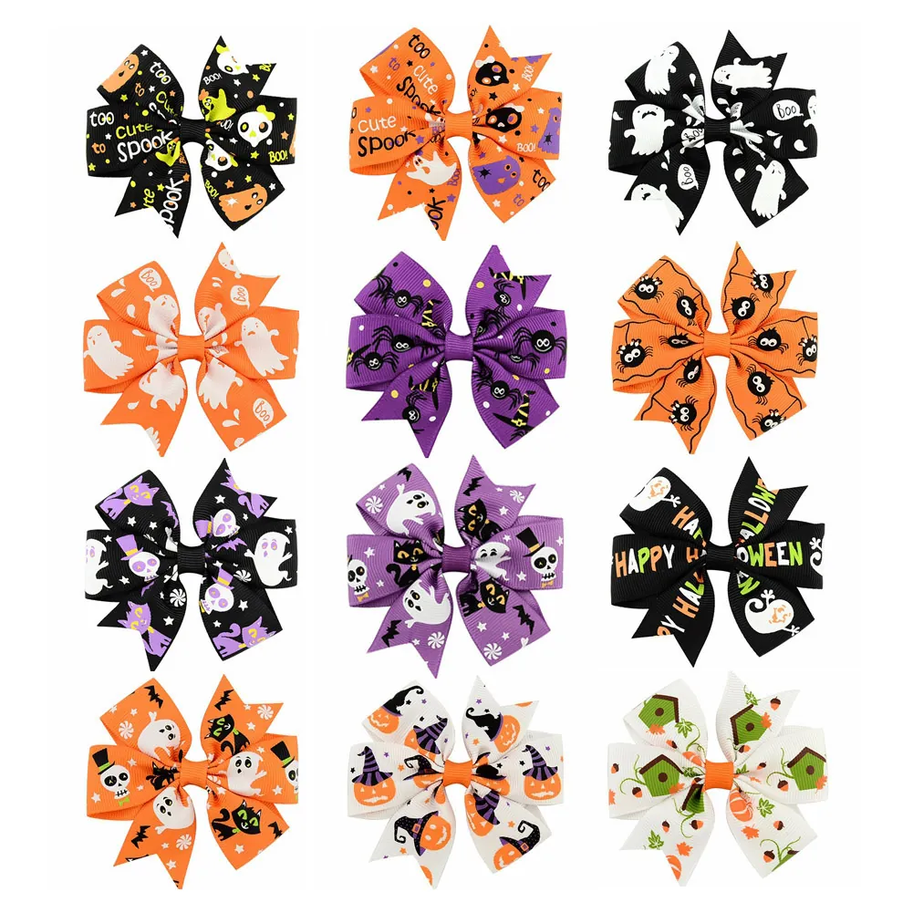 Barrettes à Cheveux Nœud en Ruban Gros-Grain d'Halloween pour Enfants Fantôme Citrouille Toile d'Araignée Imprimés Accessoires de Cheveux de Fête
