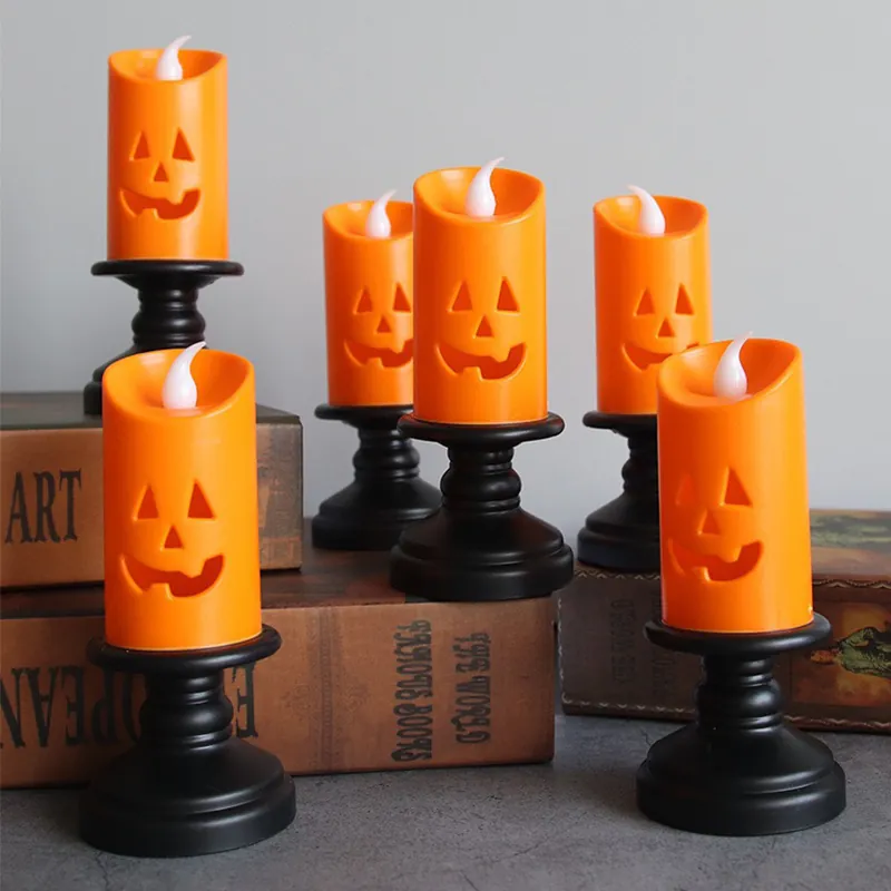 Halloween LED Pumpkin Electronic Candle Light Orange Plastic Hollow Pumpkin Face Decoration With Black Retro Base Party