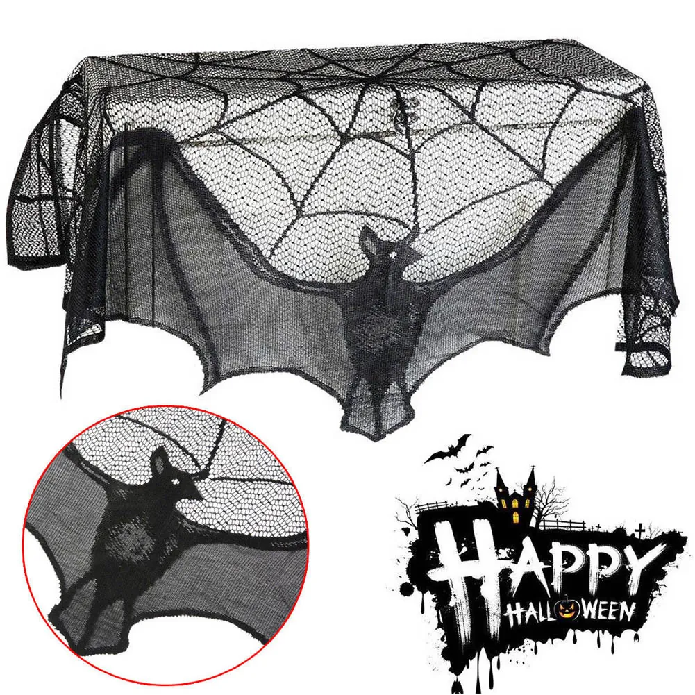 Schwarze Spitze Halloween Kamin Schal Spinnennetz Fledermaus Tischdecke Fenster Vorhang Dekoration Gothik Party Zuhause Ornament