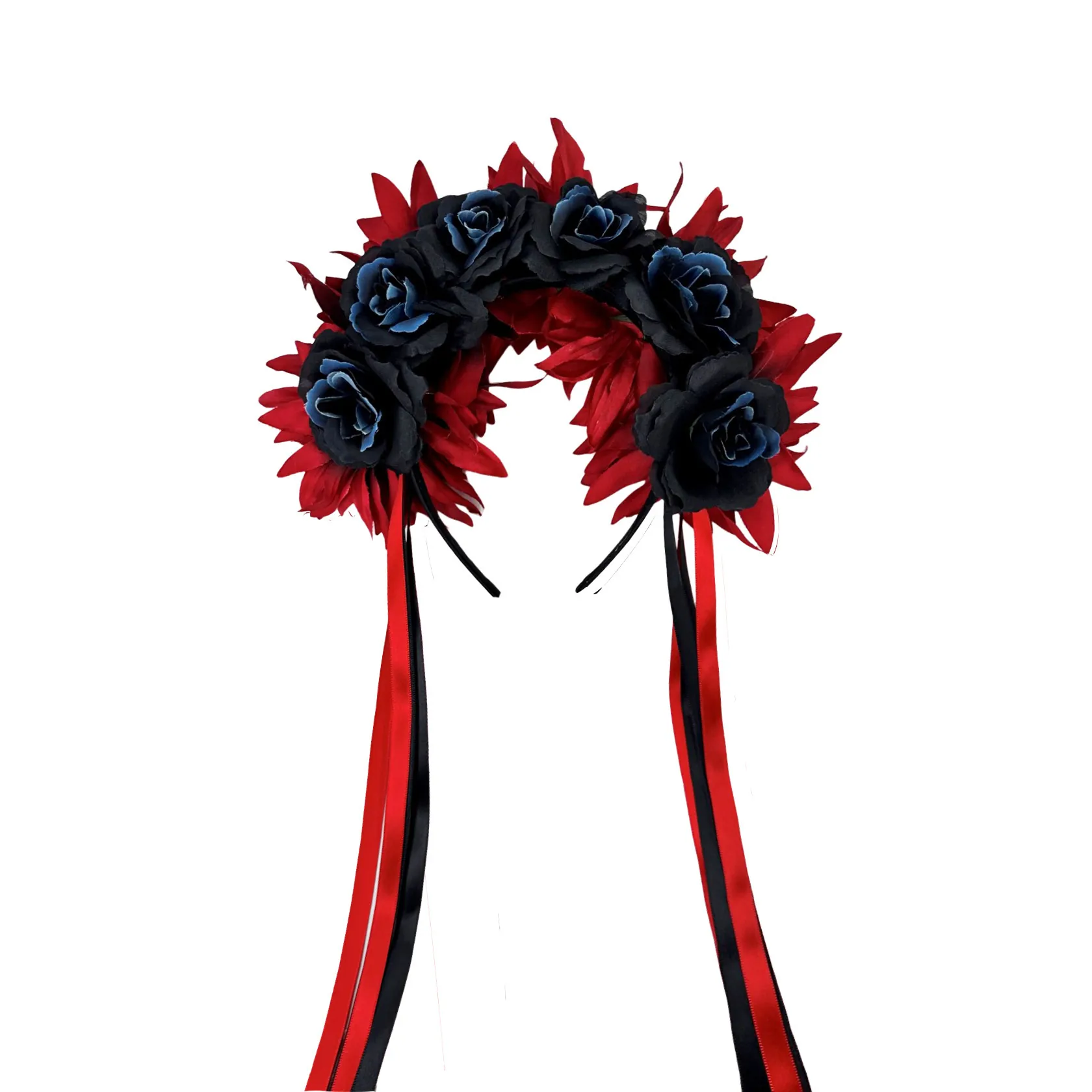 Serre-tête Rose Halloween Jour des Morts Gothique Bohème Cerceau à Fleurs avec Rubans Bicolores pour Fêtes