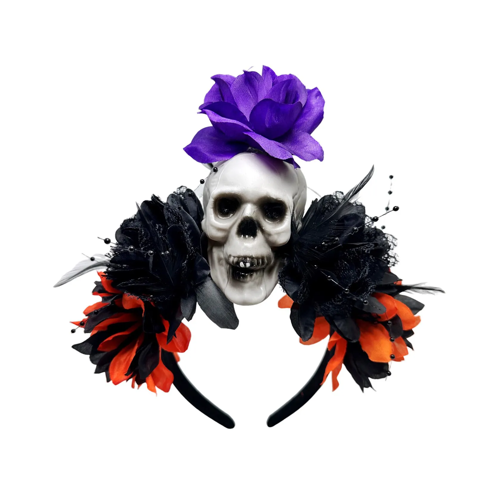Tag Der Toten Totenkopf Stirnband Halloween Kostüm Zubehör Mit Künstlichen Rosen Spitze Feder Gothic Party Haarreif