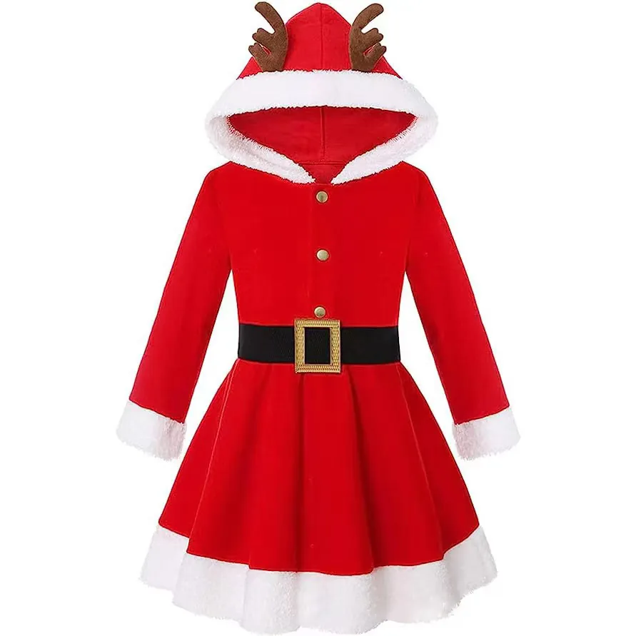 Mädchen Weihnachten Rentier Kapuzenkleid Rot Samt Urlaub Party Kostüm Kinder Geweih Kleid Langarm Festliches Outfit