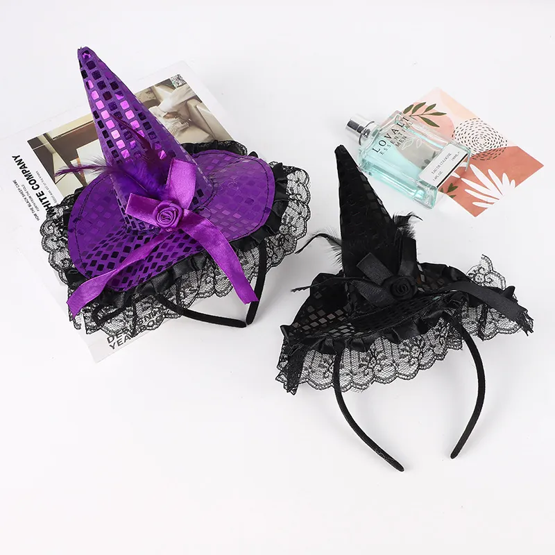 Halloween Witch Hat Headband With Lace Sequins Feather Ribbon Rose Glitter Costume Masquerade Party Hair Accessory For Women