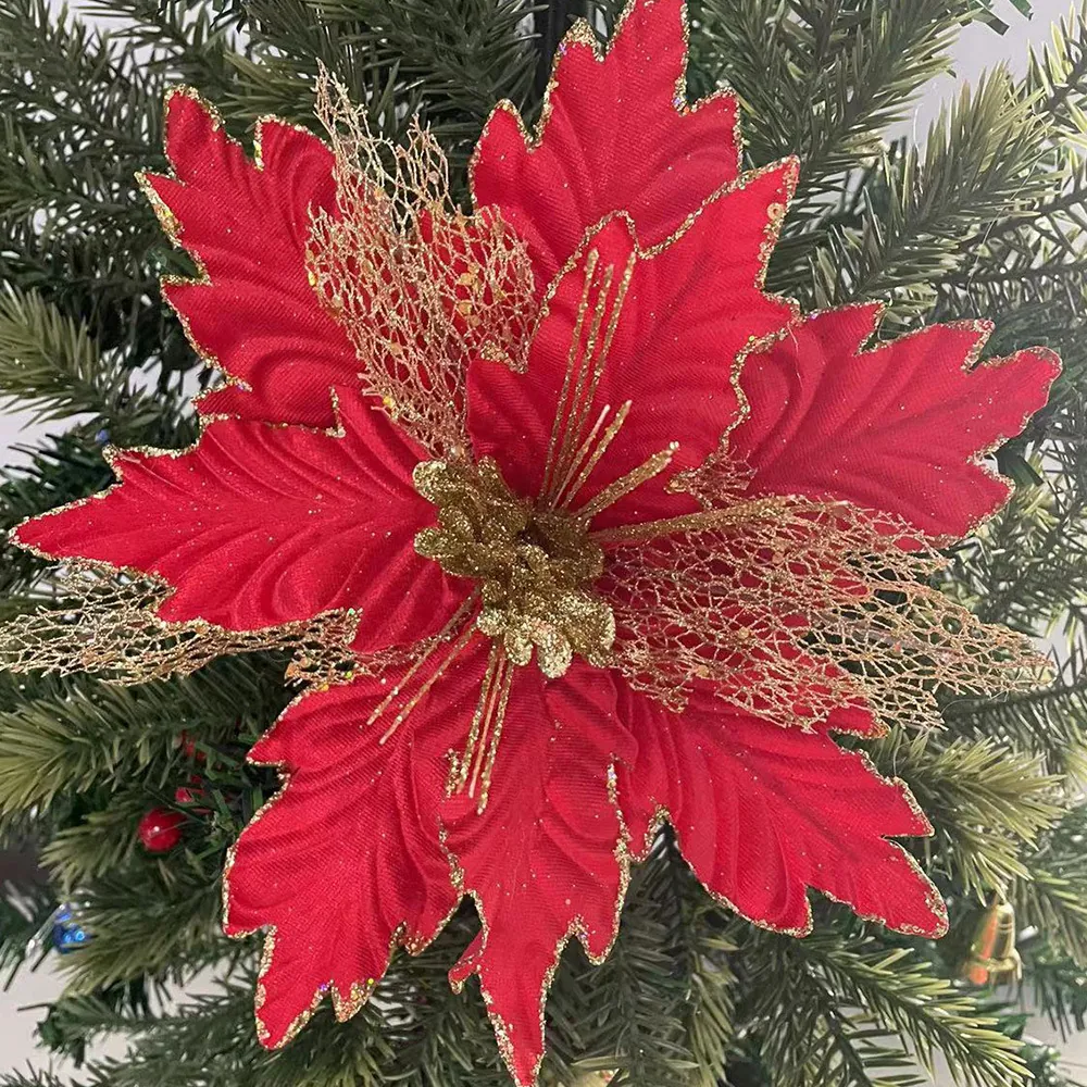 Glitter Mesh Artificial Christmas Poinsettia Flowers Sparkly Mesh Fabric Large Flower For Christmas Tree Holiday Home Decor