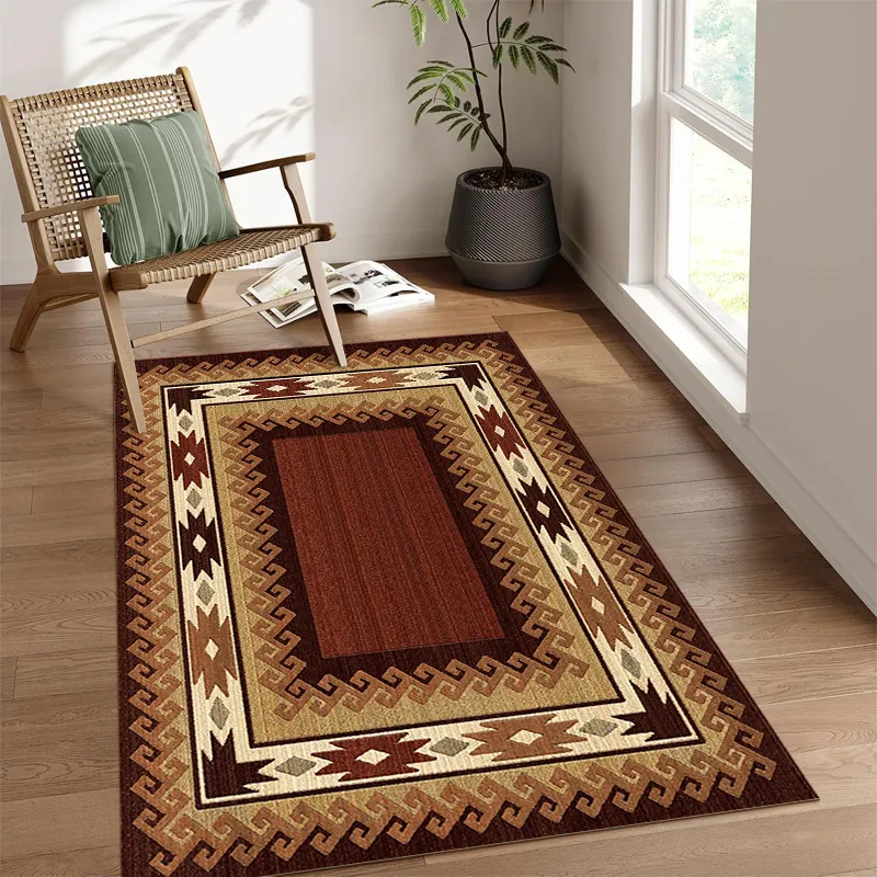 Vintage Ethnic Geometric Area Rug Imitation Cashmere Non Slip Durable Floor Mat For Living Room Bedroom Study Home Decor