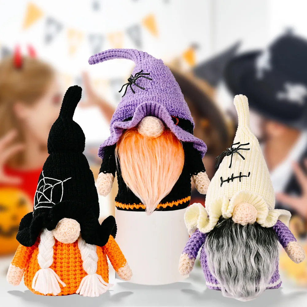 Halloween Πλεκτό Γκνόμ Κούκλα Διακοσμητικά Με Σχέδιο Ιστού Αράχνης Μωβ Λευκό Μαύρο Καπέλο Μάγισσας Rudolf Νάνος Χωρίς Πρόσωπο Σπίτι
