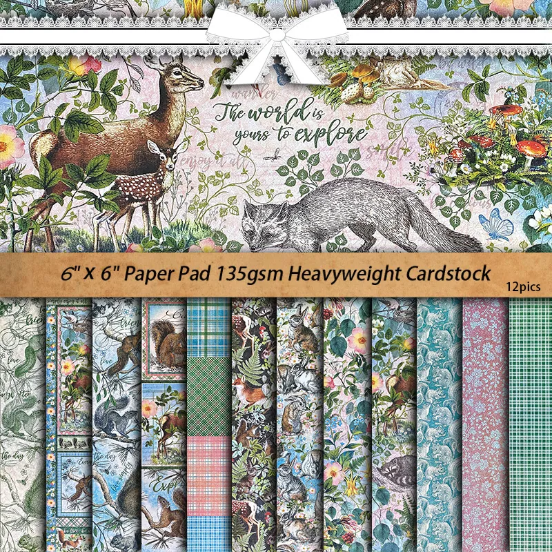 Vintage Forest Friends Scrapbook Paper Botanical Floral Animal Decorative Material Paper For DIY Journaling Scrapbooking