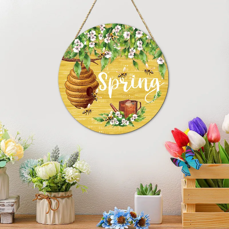 Pastoral Round Wooden Welcome Door Sign Spring Theme Floral Bee Bird Print Hanging Wall Art For Living Room Entrance Decor