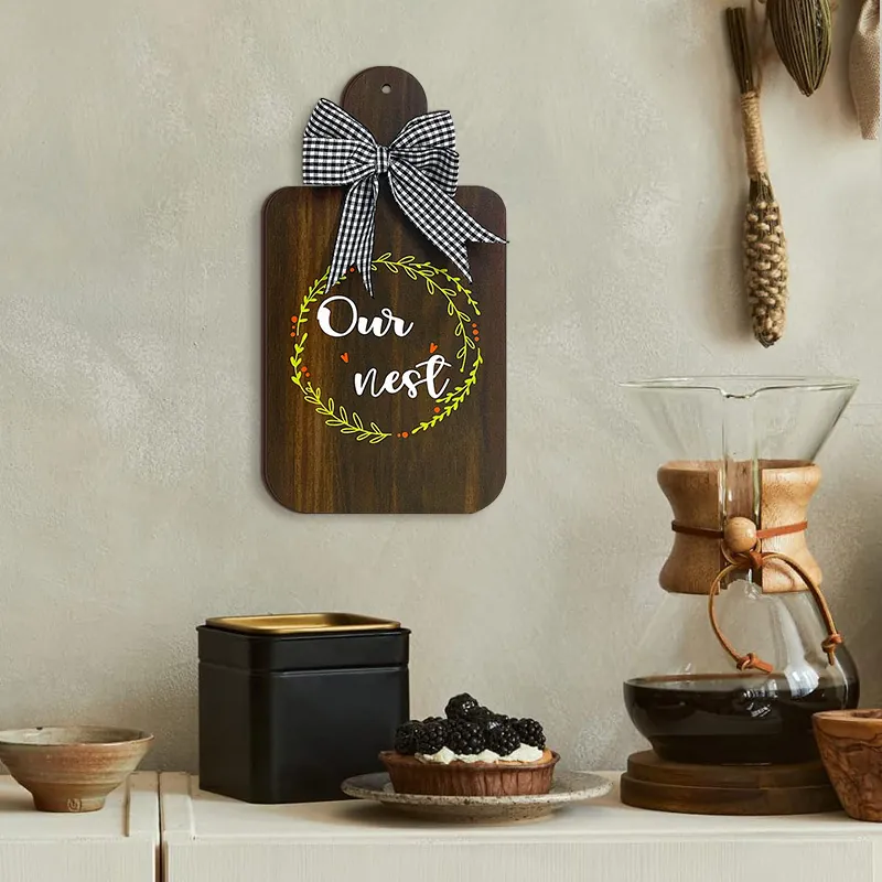 Farmhouse Wooden Cutting Board Shape Wall Sign With Gingham Bow Floral Wreath Hanging Plaque For Kitchen Dining Room Decor