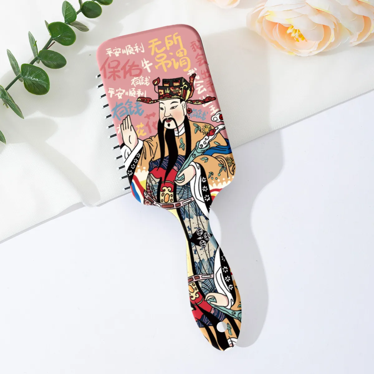 Chinese Style God Of Wealth Printed Air Cushion Hair Comb Portable Massage Hair Brush For Women Daily Hair Care Tool Pink