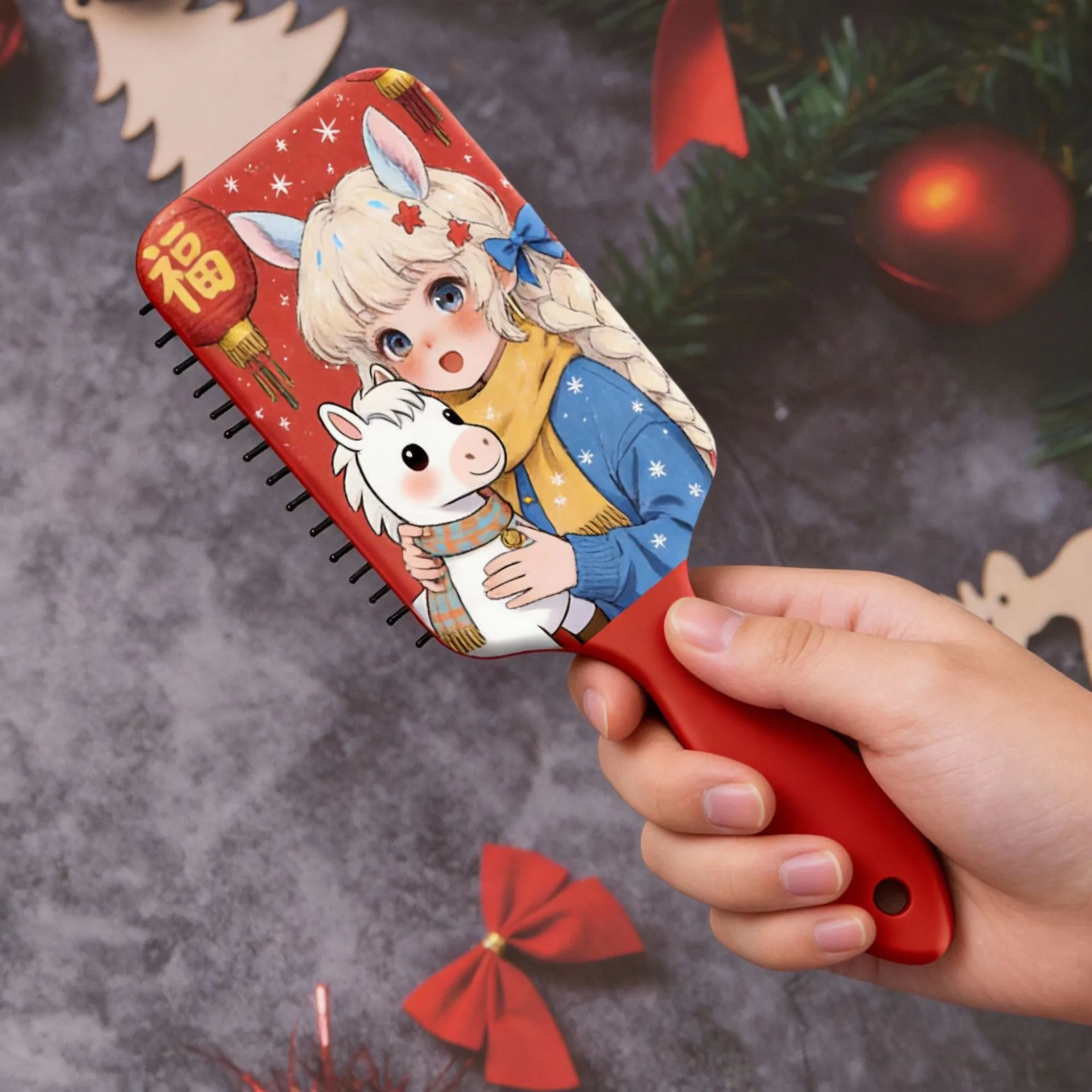 Brosse à Cheveux à Coussin d'Air Imprimé Fille Anime Poney Massage du Cuir Chevelu Peigne Démêlant Rouge pour Femmes Filles
