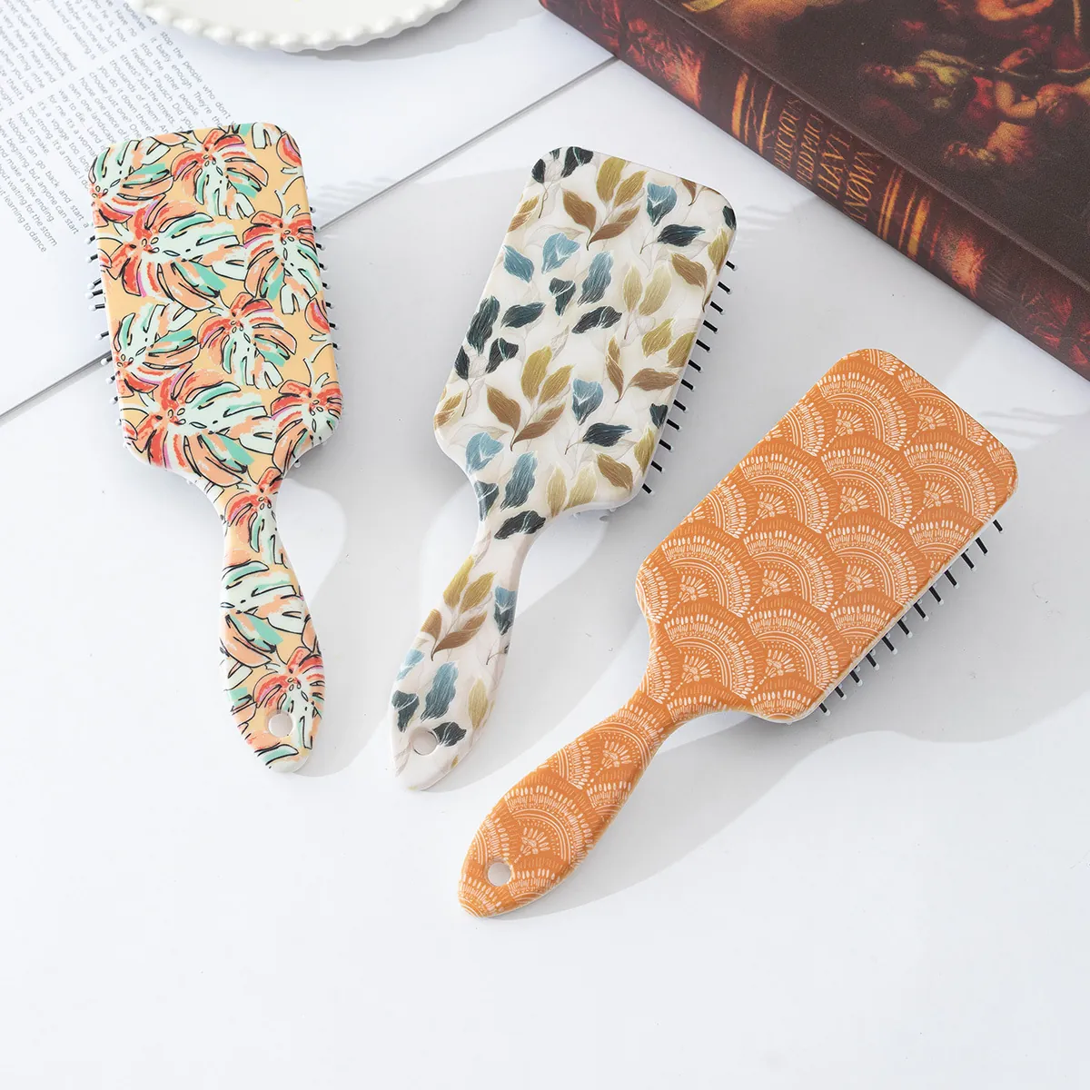 Minimalist Air Cushion Massage Hair Brush Plastic Detangling Comb UV Printed Floral Leaf Pattern For Women Home Haircare Tool