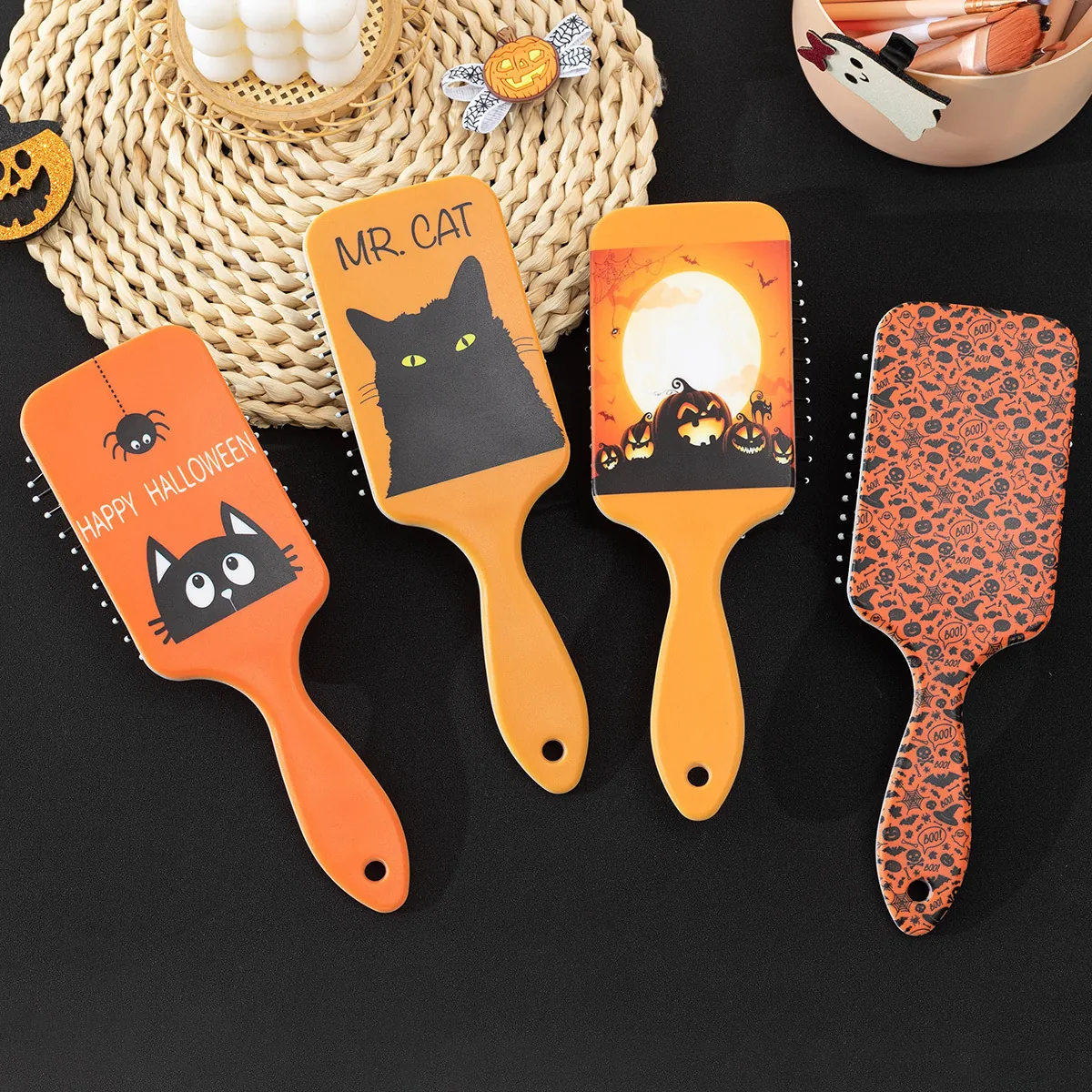 Halloween Thema Luftkissen Haarbürste Antistatisch Kopfhautmassage Paddle Bürste Cartoon Kürbis Schwarze Katze Druck Kunststoff Kamm Für Damen