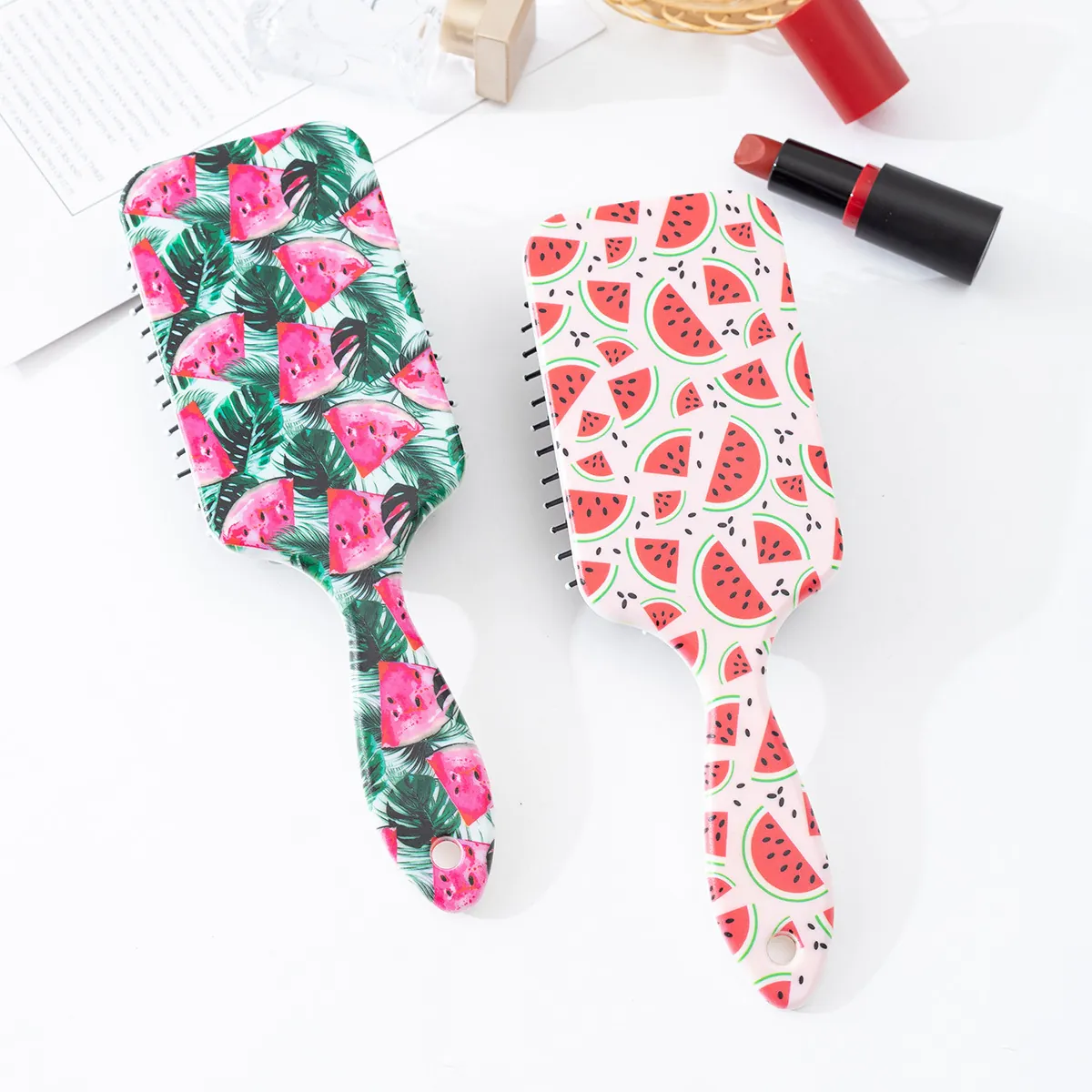 Peigne à Coussin d'Air Imprimé Pastèque pour Femmes Brosse à Cheveux Massage du Cuir Chevelu Peigne Démêlant en Plastique Style Tropical