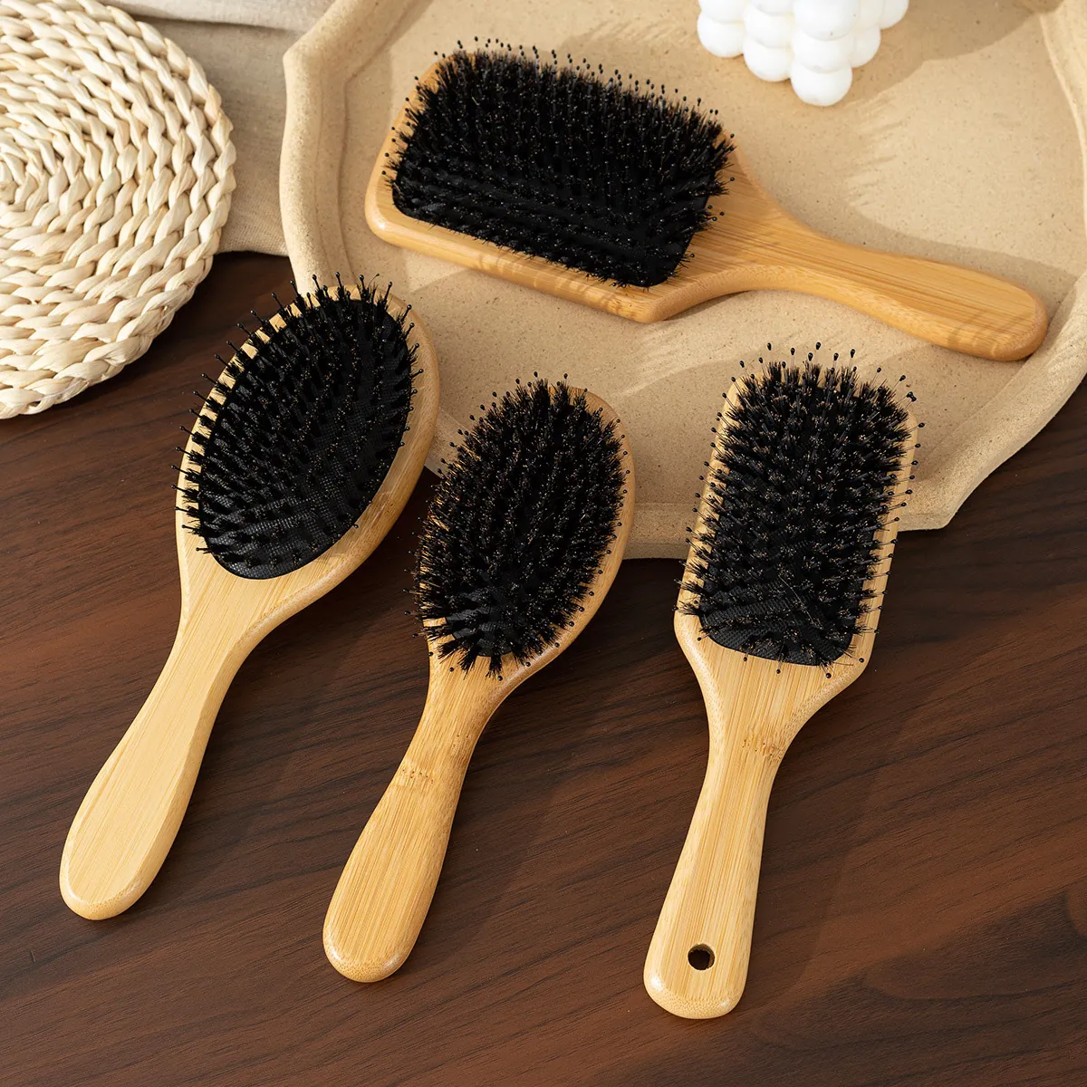 Natural Bamboo Wood Boar Bristle Air Cushion Hair Brush Scalp Massage Detangling Hairbrush For Women Men Daily Hair Care Tool