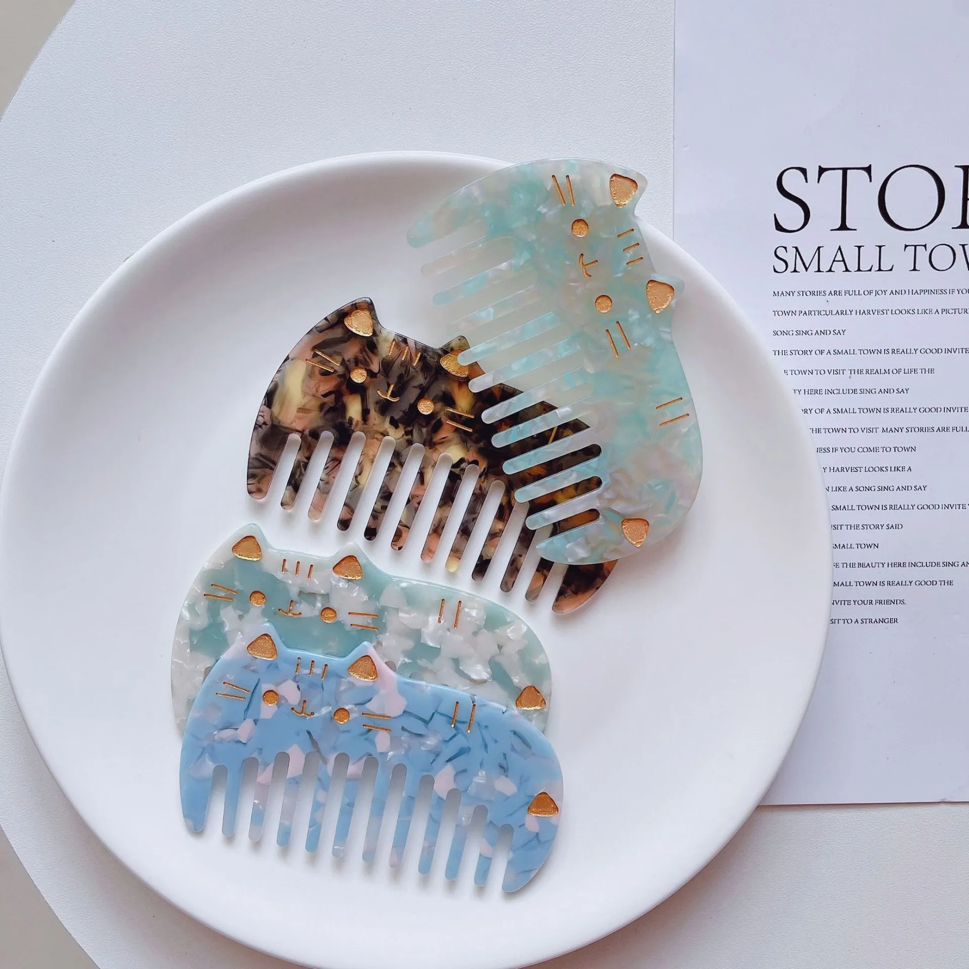 Portable Cute Cat Shape Acetate Wide Tooth Hair Comb Anti-Static Marble Texture Styling Massage Comb For Women Girls