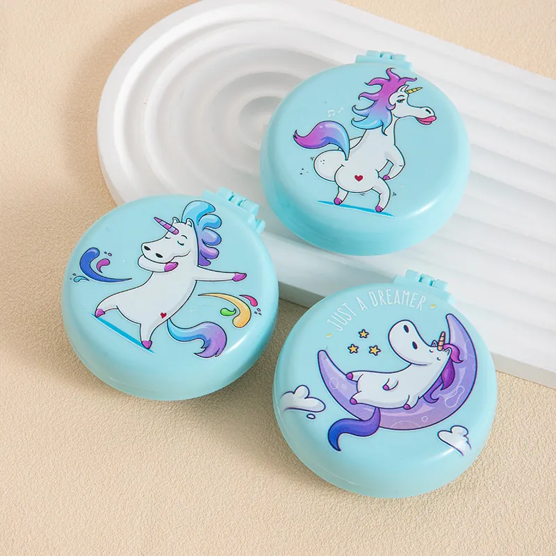 Tragbarer Faltbarer Airbag Haarkamm Mit Spiegel Süßer Cartoon Einhorn Mini Runder Massage Polsterbürste Für Reisen Mädchen Geschenk