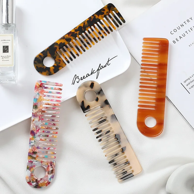 Acetate Wide Tooth Hair Comb Anti-Static Marble Tortoiseshell Detangling Comb With Hanging Hole For Women Styling Tools