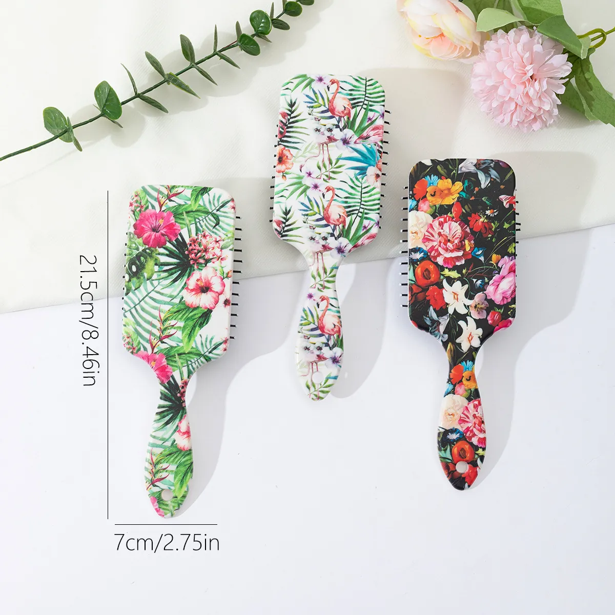 Floral Print Air Cushion Hair Brush Anti Static Scalp Massage Comb Tropical Detangling Flamingo Flower Pattern Hair Styling Tool For Women