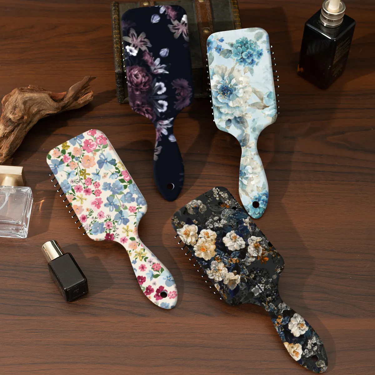 Vintage Floral Printed Air Cushion Massage Comb ABS Paddle Hair Brush For Scalp Massage Detangling Professional Daily Hair Care For Women