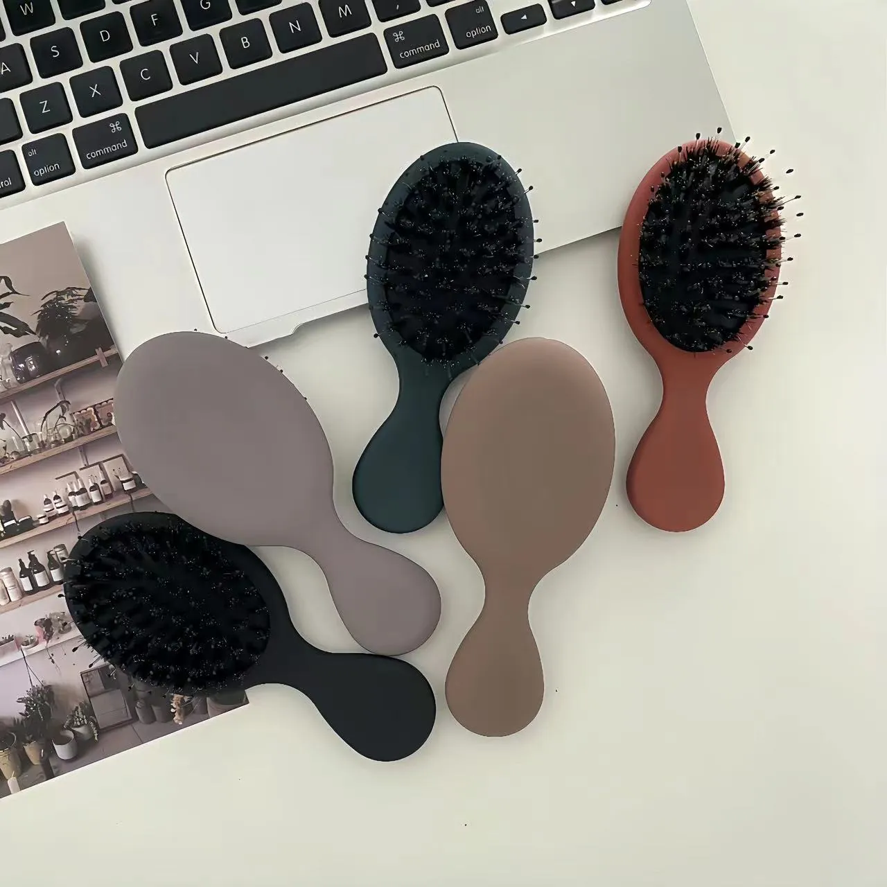 Portable Mini Boar Bristle Air Cushion Hairbrush Scalp Massage Brush Detangling Hair Comb For Women Kids Morandi Colors