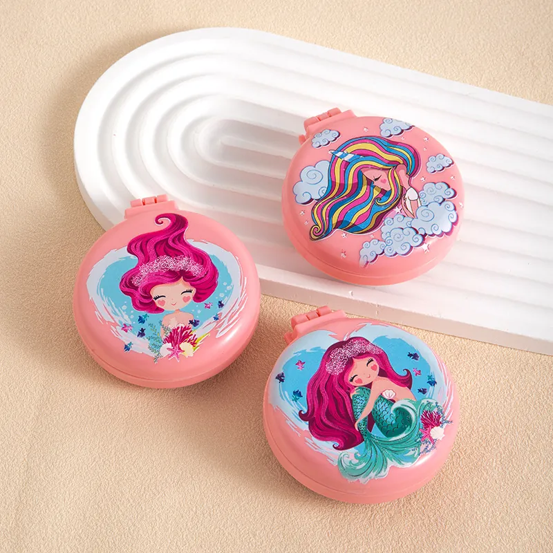 Portable Folding Cushion Hair Comb With Mirror Girls Cartoon Mermaid Unicorn Round Pocket Travel Hair Brush Massage Comb