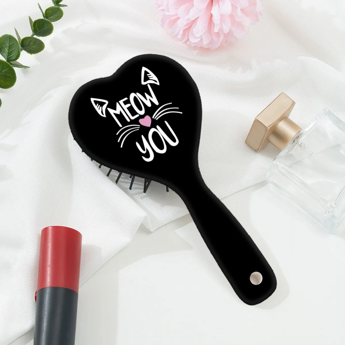 Brosse à Cheveux à Coussin d'Air Mignonne en Forme de Cœur Avec Motif de Chat Peigne Démêlant de Massage Portable en ABS