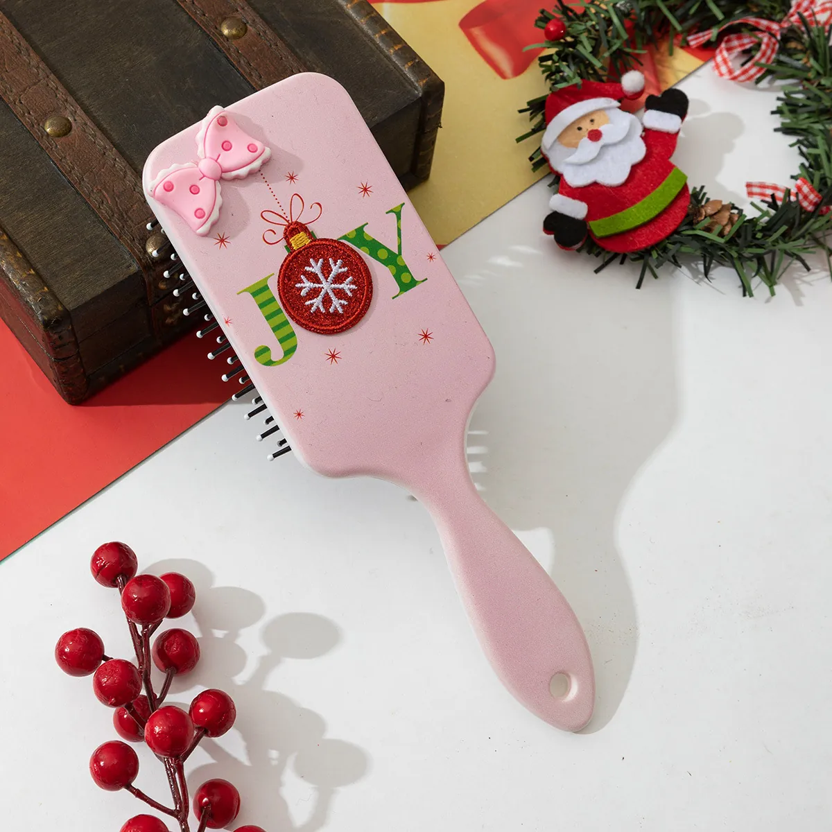 Christmas Pink Bow Air Cushion Comb Anti-static Scalp Massage Detangling Hair Brush For Women Girls Festive JOY Gift Hairbrush