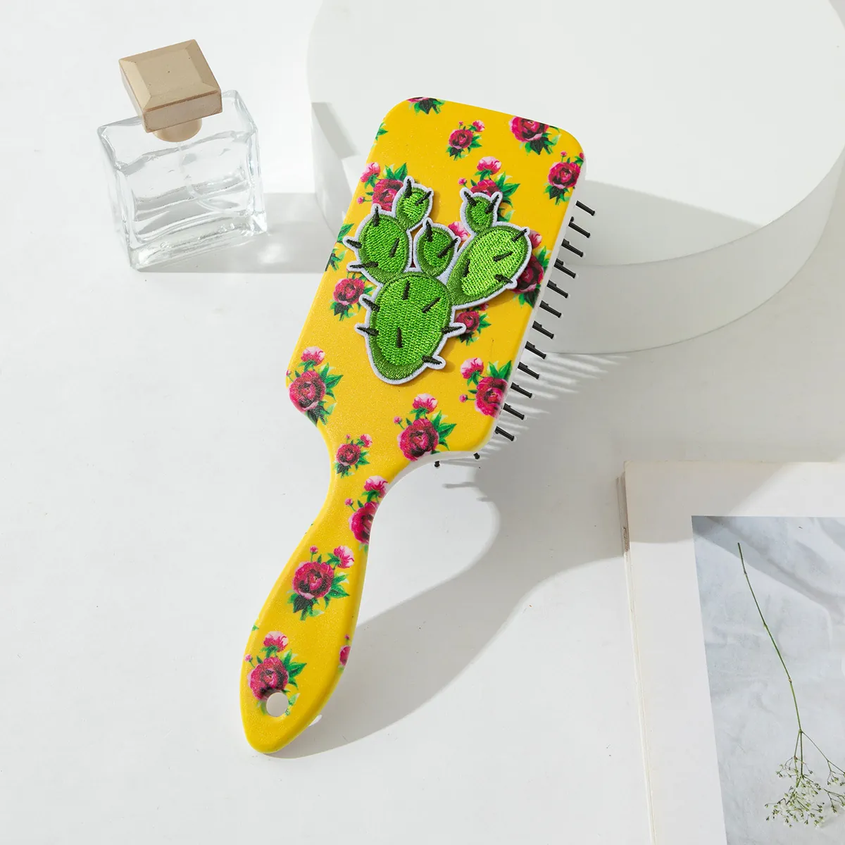 Brosse à Cheveux Rectangulaire Portable en ABS avec Patch Cactus et Imprimé Floral Peigne de Massage pour Femmes Étudiantes