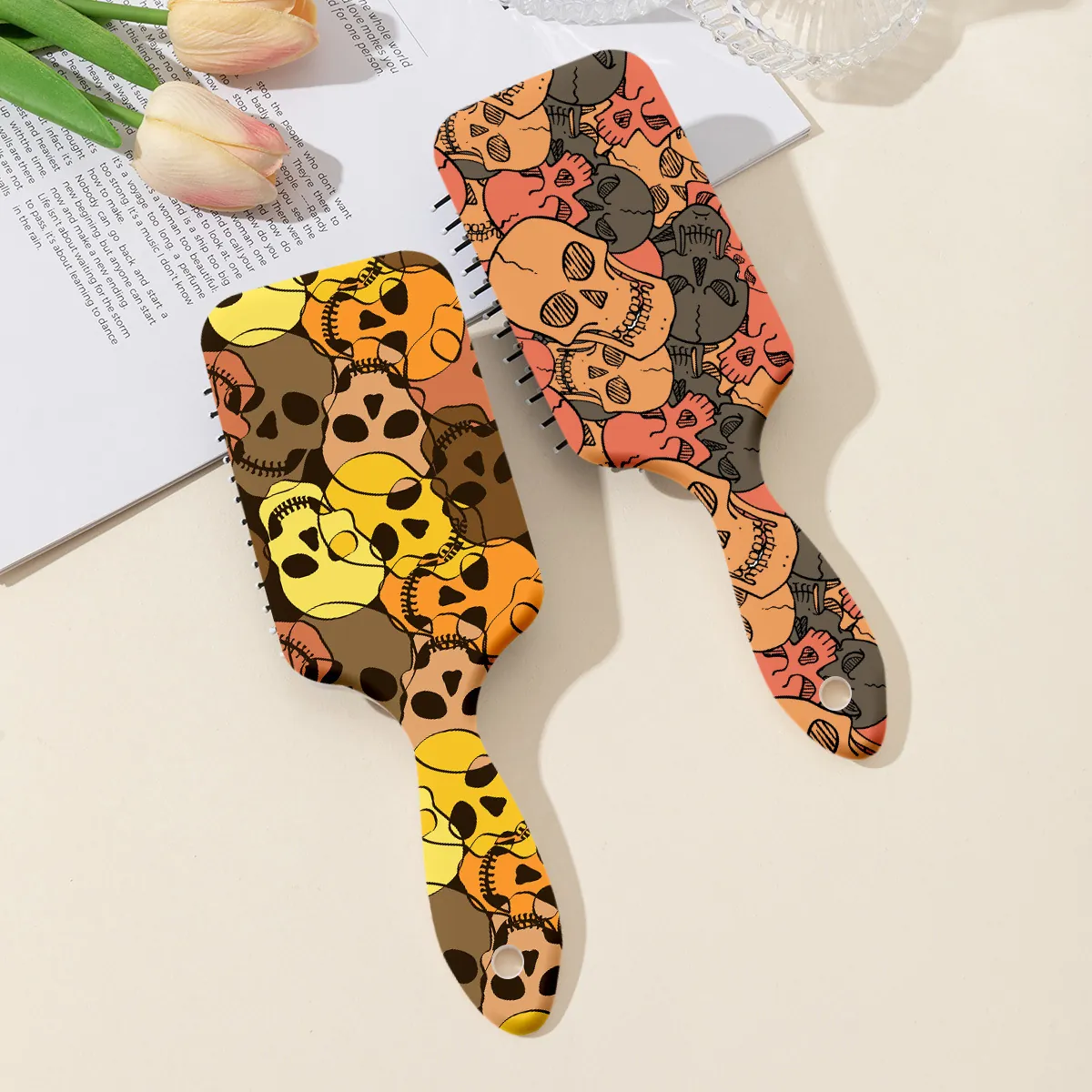 Vintage Skull Print Air Cushion Massage Comb For Women Individual Cool Portable Hair Detangling Paddle Brush Styling Tool