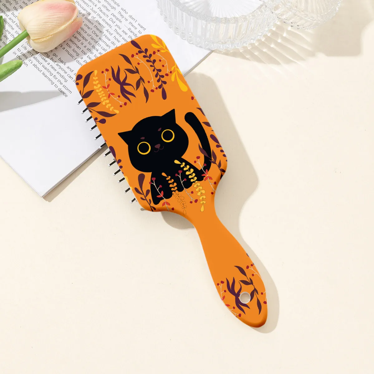 Cartoon Black Cat Air Cushion Hair Brush For Kids Women Detangling Paddle Massage Comb Orange Floral Printed ABS Hair Styling Tool