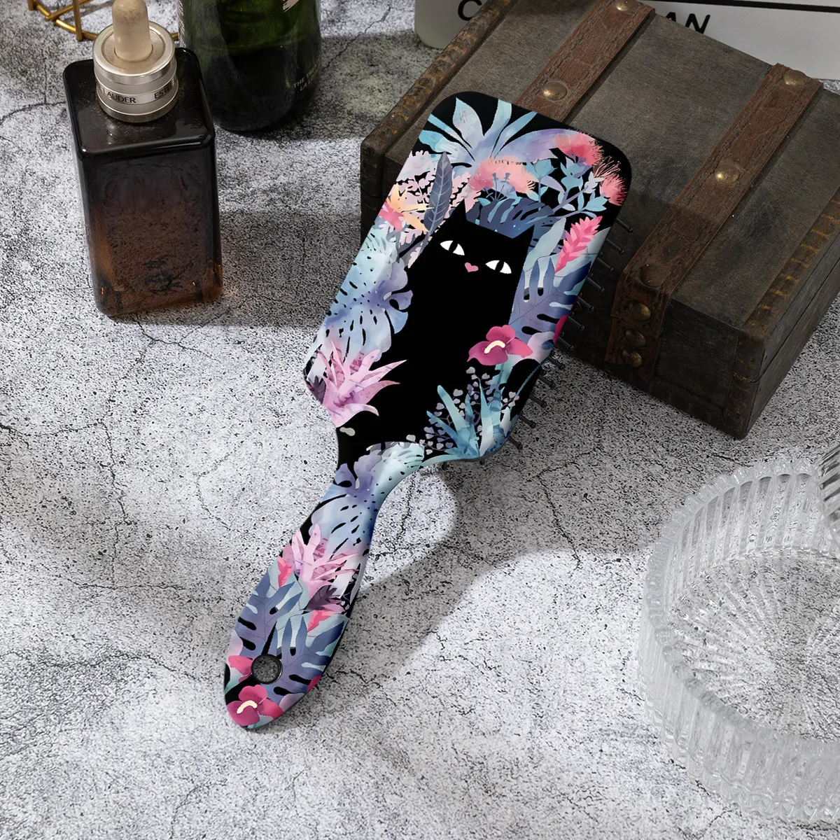 Cute Black Cat Printed Air Cushion Hair Brush For Women ABS Detangling Massage Comb With Tropical Floral Pattern Hair Tool