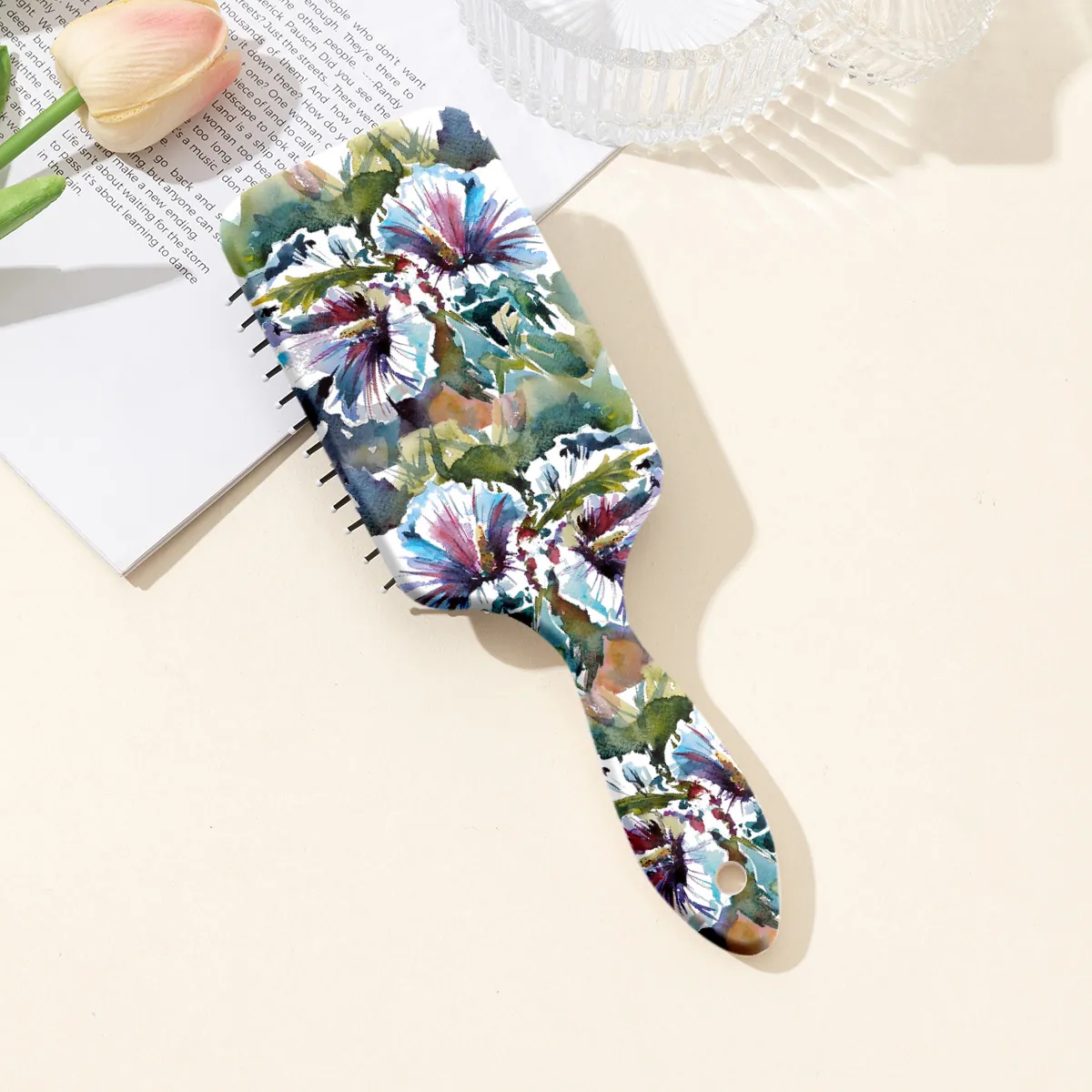 Watercolor Floral Printed Airbag Massage Hair Brush Detangling Paddle Comb Scaling Styling Tool With Hanging Hole ABS Hairbrush